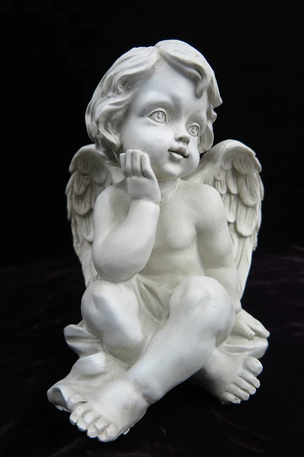Ángel Figura Escultura Sentado Antiguo-Blanco Wach de Elfenbein-Farben