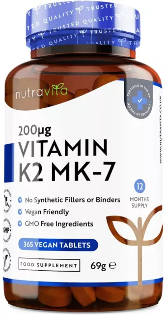 Vitamin K2 MK-7 200mcg - 365 Vegan Tablets - Immune, Bone, Cardiovascular Health