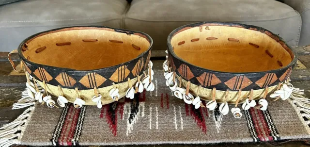 Vintage SET 2 BOWLS African Gourd Rattle Cowrie Shells Musical Burkina Faso 10”