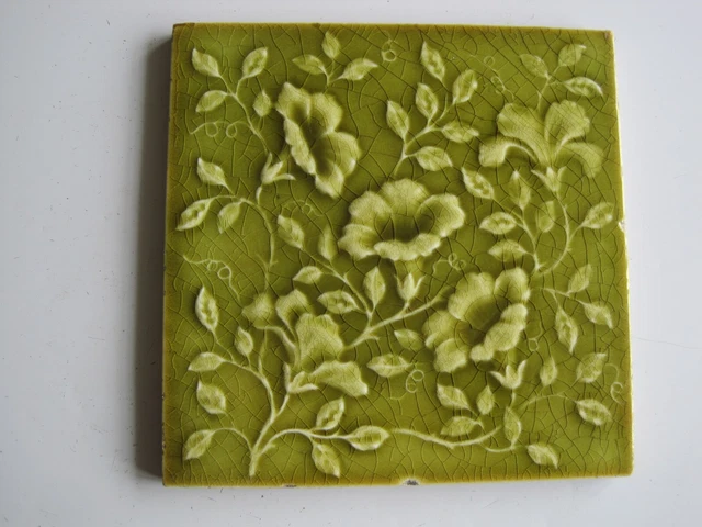 Antique Victorian 6" Green Moulded Majolica  Malkin Edge Floral Tile - C1870-00