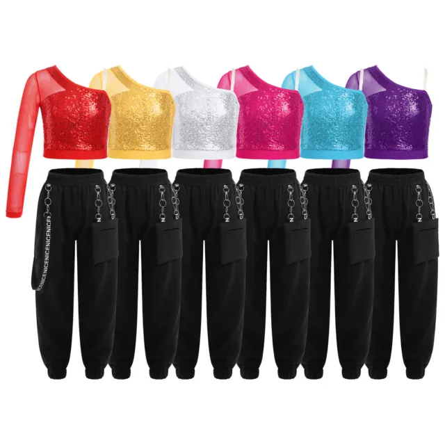 Kids Girls Crop Top Sheer Outfits Costume Dance Sports Sweatsuit Sequins Mesh
