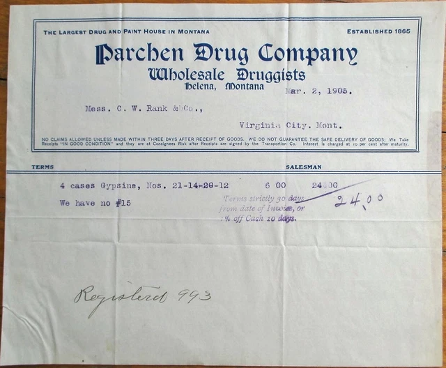 Helena, MT 1905 Pharmacy Letterhead: Parchen Drug Co. - Montana Mont