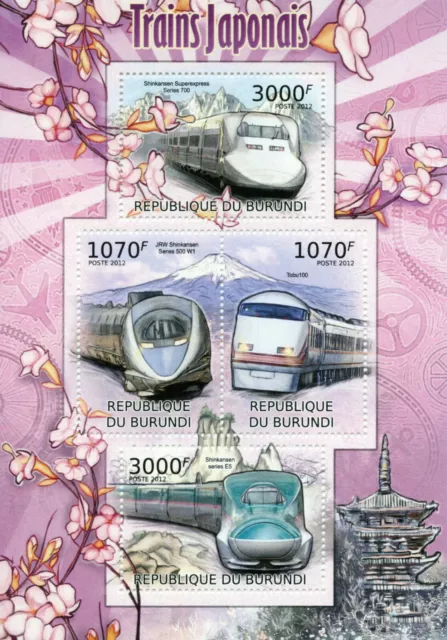 Estampillas ferroviarias de Burundi 2012 montadas sin montar o nunca montadas trenes japoneses ferrocarriles Shinkansen Tobu100 4 V M/S
