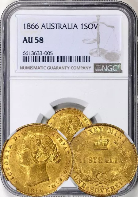 Australia 1866-SY Gold 1 Sovereign NGC AU-58. Choice for the grade! Luster!