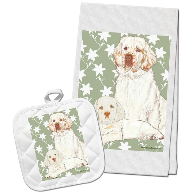 Clumber Spaniel Kitchen Dish Towel and Pot Holder Gift Set