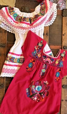LOT of 2 Mexican Mexico Baby Girls Peasant Floral Embroidered Dresses sz 2T