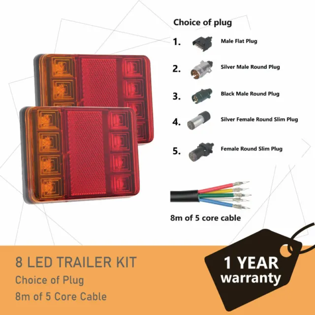 Pair of 8 LED TRAILER LIGHTS KIT - 1 x Trailer Plug, 8M x 5 CORE CABLE 12V