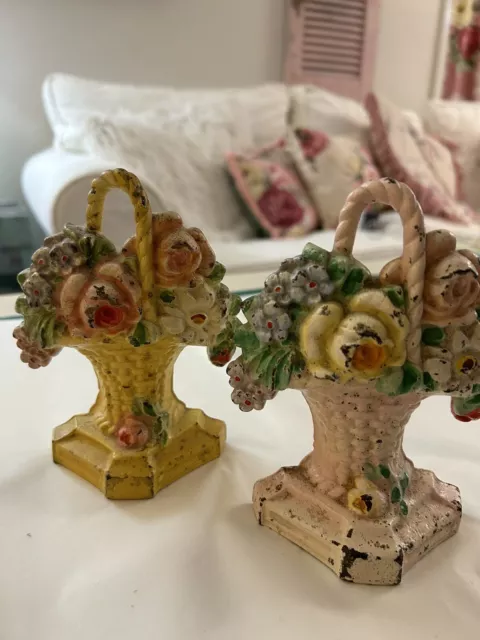 Pair Basket Roses Pink Shabby Cast Iron Doorstop Hubley 8 Vintage Antique Yellow