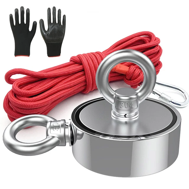 Up to 1800 Lbs Fishing Magnet Kit Pull Force Strong Neodymium + Carabiner+ Rope