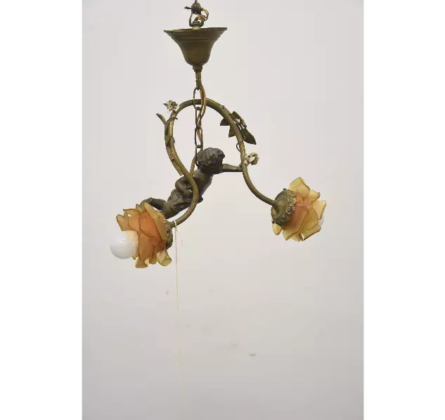 Antique french bronze putti cherub pendant lamp chandelier porcelain flowers