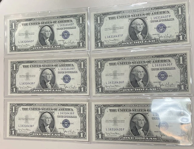 Lot of 6 Consecutive 1935 F $1 One Dollar Silver Certificate Notes Uncirculated