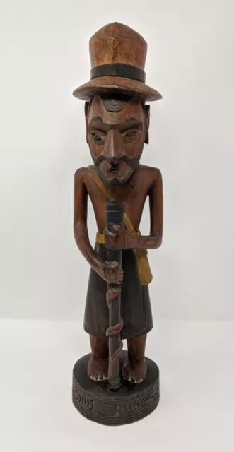 Papua New Guinea Hand Carved Male Wood Figure Mid Century Hat Skirt Stick Solid