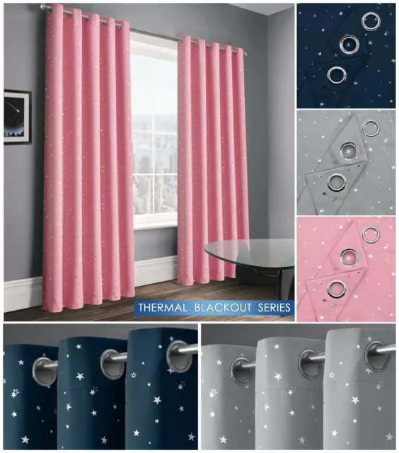 Thermal Blackout Curtains Pair Kids Boys Girls Star Shimmer Metallic Grey Pink