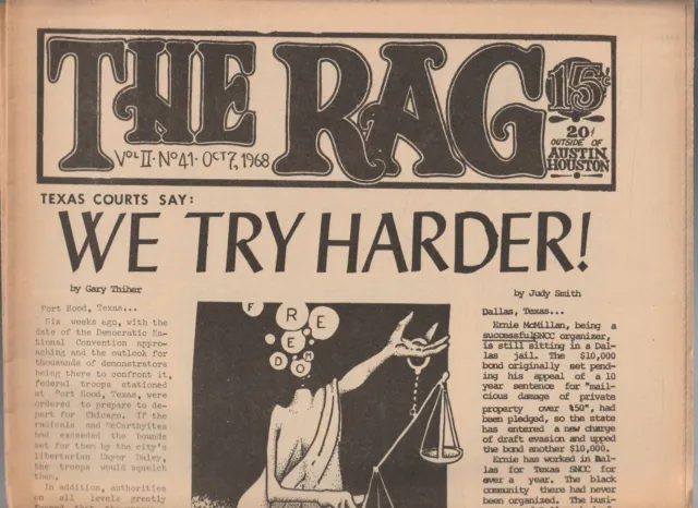 Underground Newspaper , THE RAG , AUSTIN TEXAS ,Social History ,OCT 7 , 1968