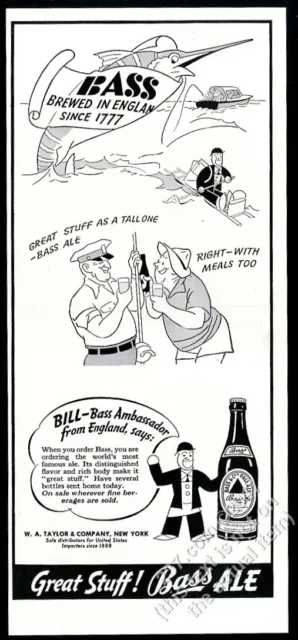 1940 Bass Birra Swordfish Pesca Cartoon Vintage Stampa Campagna Pubblicitaria