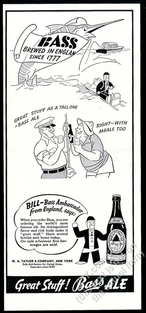 1940 Bass Birra Swordfish Pesca Cartoon Vintage Stampa Campagna Pubblicitaria