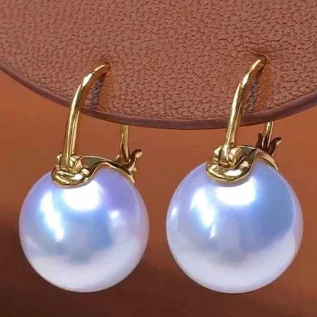 16MM White Shell Pearl Earrings 18 k Gold Ear Hook Jewelry Christmas Lucky