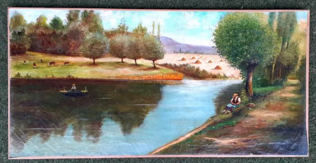 Tableau Signé Huile Sur Toile Paysage de rivière animé