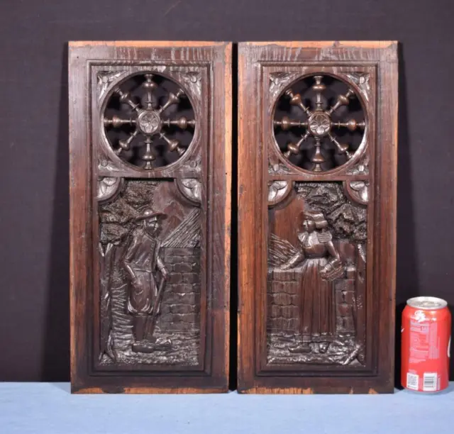 *Pair of French Antique Carved Breton Panels in Chestnut Wood with Deep Carvings