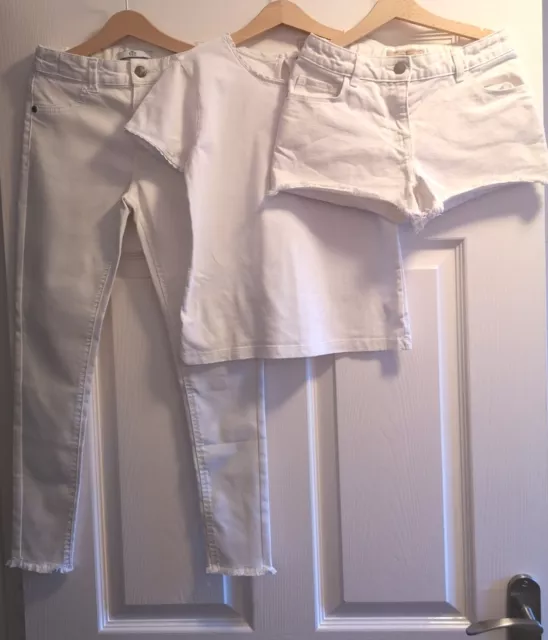 M&S - Next - John Lewis Girls White Bundle Jeans Shorts T Shirt ~ 9-10 Years Vgc