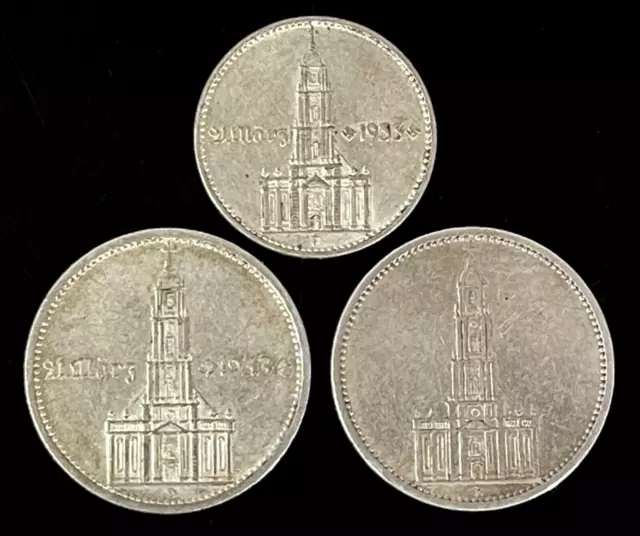 German 1934 5 Mark and 2 Mark Silver Coins Potsdam Church AU