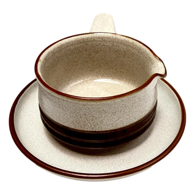 Denby Potters Wheel Gravy Boat w Handle & Plate Brown Speckled Pottery UK 70s