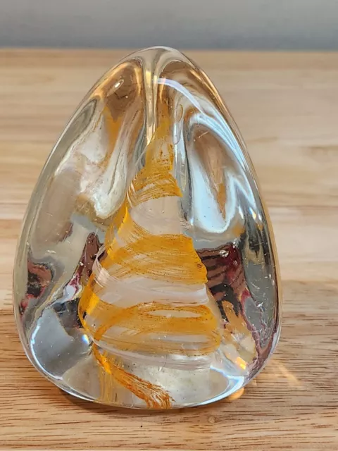 Handblown Clear Art Glass With Orange Swirl Inside Egg Shaped Paper Weight