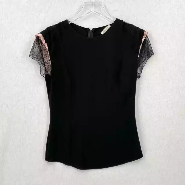 NINA RICCI Shirt Womens 36 Small Black Lace Cap Sleeve Top Round Neck Top Blouse