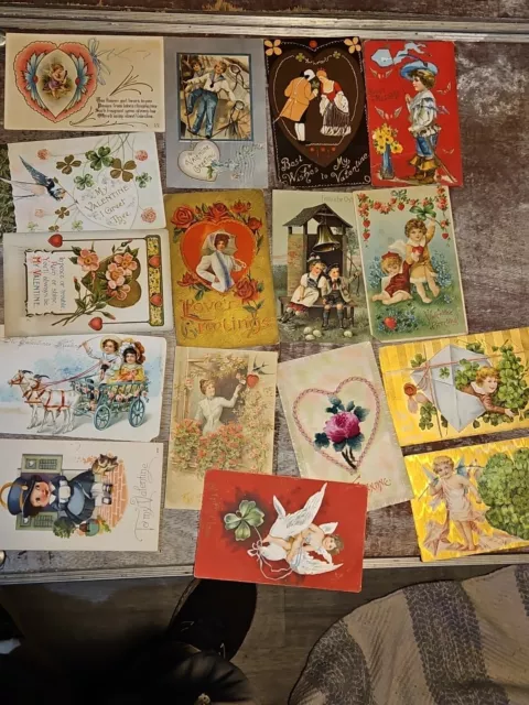 vintage postcard lot of 16 valentines embossed tucks pre-1900s estate find