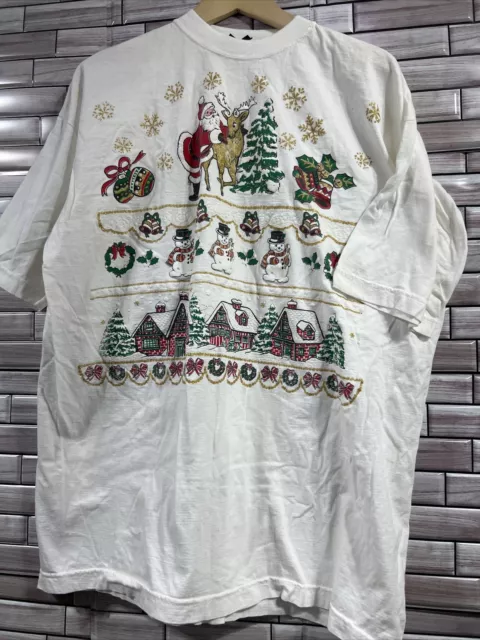 Vintage 80s womens T shirt Christmas Tree Santa Bells Puff Paint Galaxy cotton
