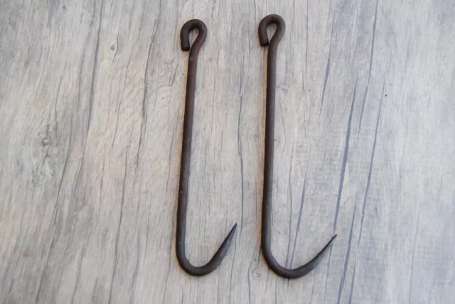 2pcs Vintage large blacksmith forged meat butcher hanging hook farm decor tool