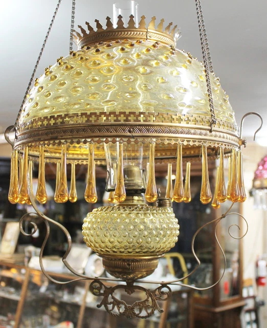 Old Antique AMBER GLASS HOBNAIL HANGING LIBRARY OIL LAMP Amber Prisms -COMPLETE-