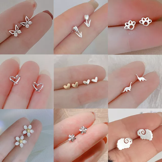 925 Silver Butterfly Flower Heart Small Stud Earrings Women Jewelry Cute Gift UK