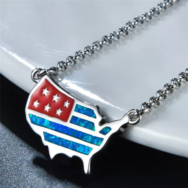 Fashion Personalized Us Flag Charm Blue Simulated Opal Silver Pendant Necklace