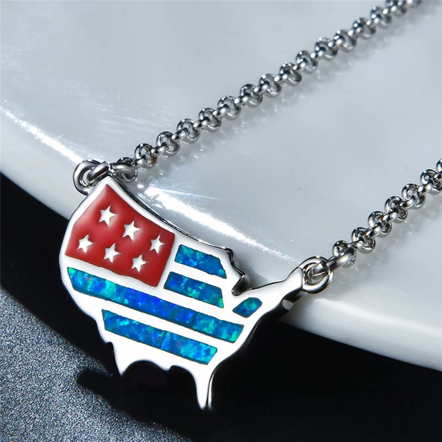 Fashion Personalized Us Flag Charm Blue Simulated Opal Silver Pendant Necklace