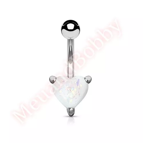 Opal Glitter Stone Love Heart Navel Ring Belly Button Bar Body Jewellery