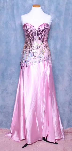 Precious Formals Pink Gold Satin Sequins Gems Prom Formal Gown Dress 6