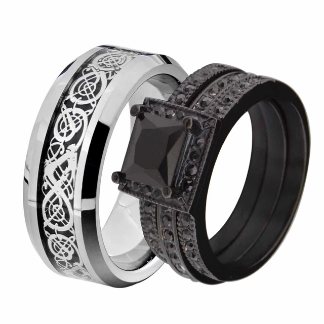 His & Her Wedding Ring Set Black Stainless Steel CZ Celtic Scroll Tungsten Men