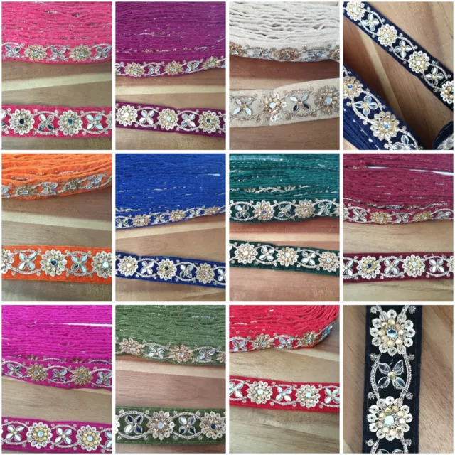 1 yard 2.5cm wide Velvet Base Zari Stone Mirrors & Sequins Bridal Lace Trim