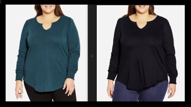 NWT RRP $100 2x AVENUE PLUS SIZE 14 LONG SLEEVE TOPS, BLACK / EMERALD GREEN