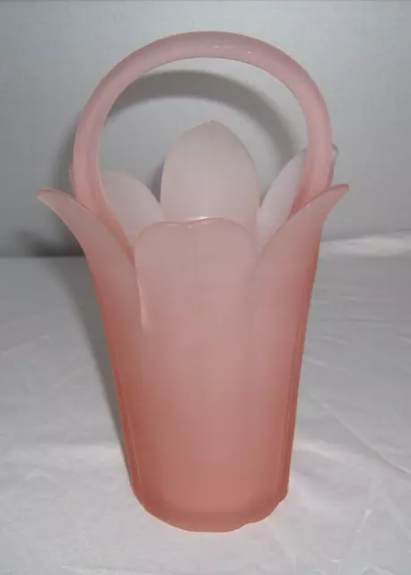 Vtg Mikasa Handcrafted Pink Satin Frosted Glass Tulip Basket Vase w/Handle