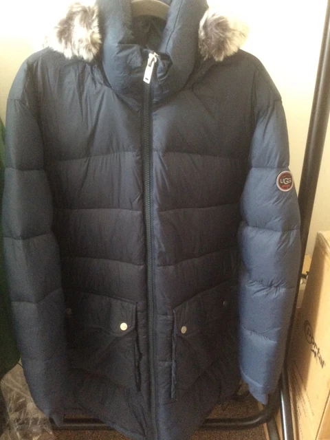 UGG Ozzy Mid Length Puffer Jacket Parka Coat Insulated Faux Fur Blue Size XL
