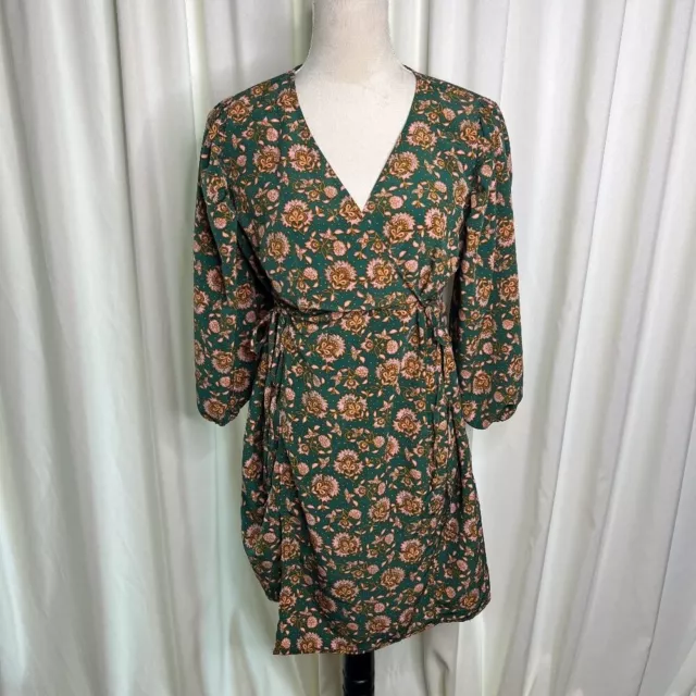 Topshop Wrap Mini Dress Maternity Floral Long Sleeve Green Women's 6  Boho retro