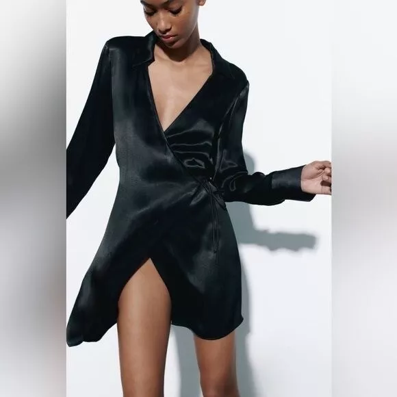 ZARA SATIN EFFECT Mini Wrap Dress Black Size Small NWT 35.00