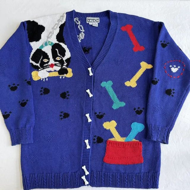 Vintage Berek Dog Cardigan Blue Sweater Dogs Bones SMALL