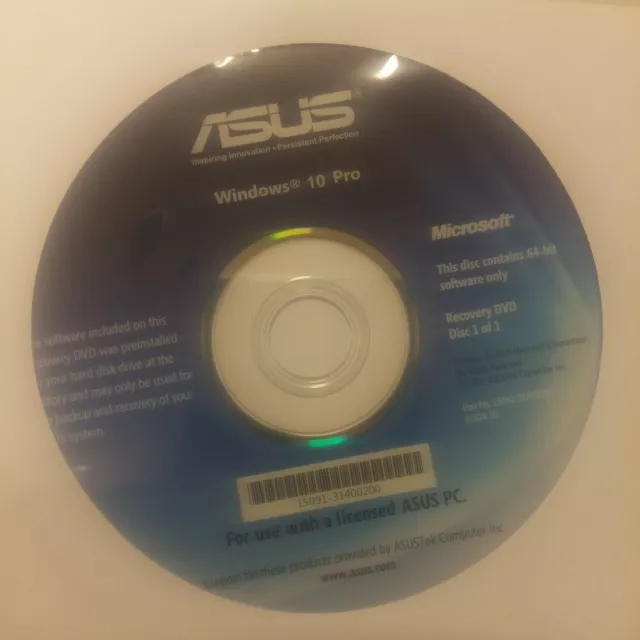 Windows 10 Pro 64 bits DVD Restauration pour ASUS Boot UEFI Exclusif NO licence