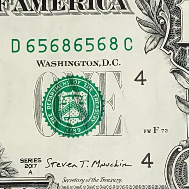 Repeater Fancy Serial Number One Dollar Bill D65686568C FW 2017A Alternator 6s