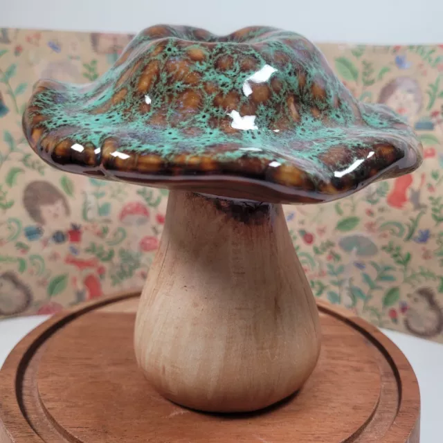 Whimsical Mushroom Turquoise Glaze Mottled Top Ceramic Garden Decor Pottery
