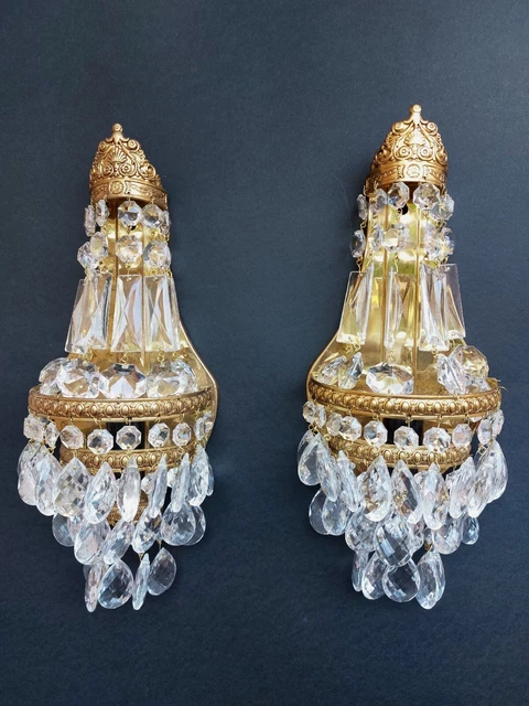 Vintage Antique Pair of French Empire Brass Crystal 1 Light Sconces Wall Lights