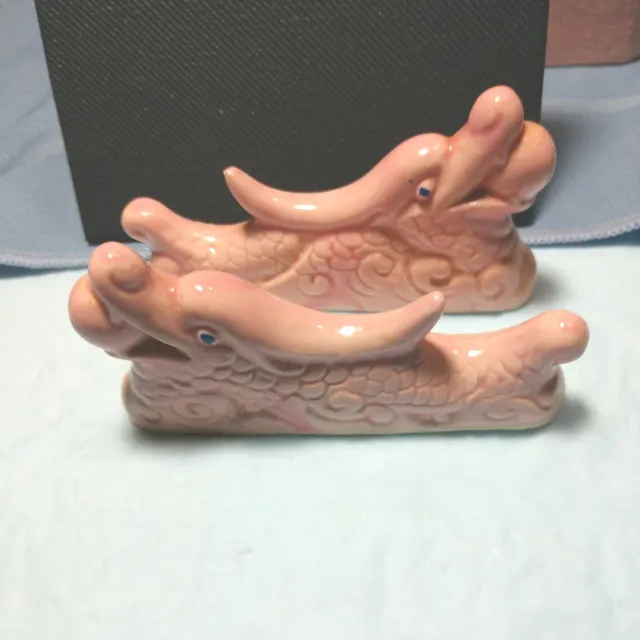 Vintage Pottery Pair Of Pink Figural Dragons Set of 2 Excellent